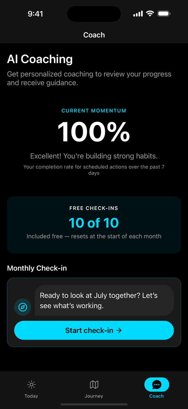 AI Coach screen with monthly check-in