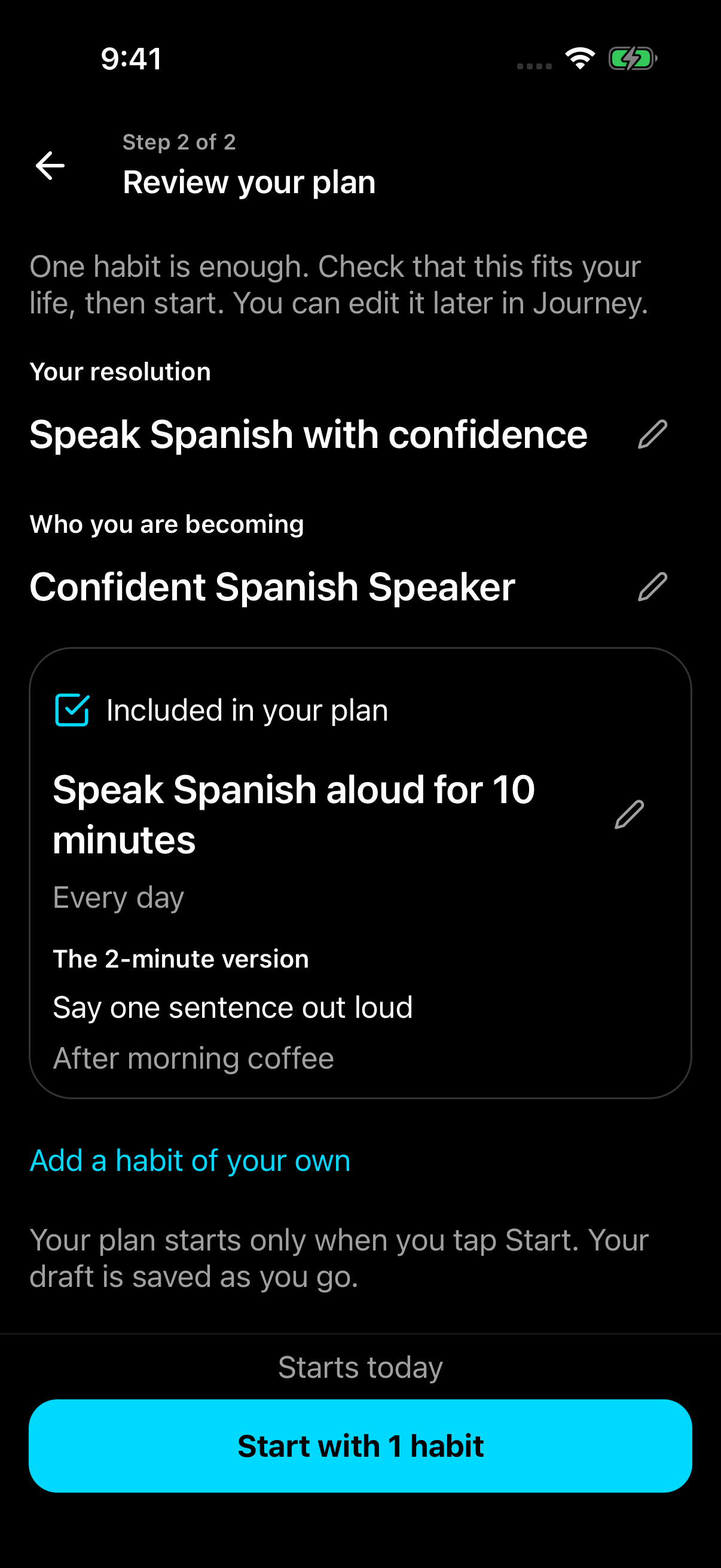 Version 1.5 plan review showing a Spanish-learning habit, daily schedule, two-minute alternative, and Start button
